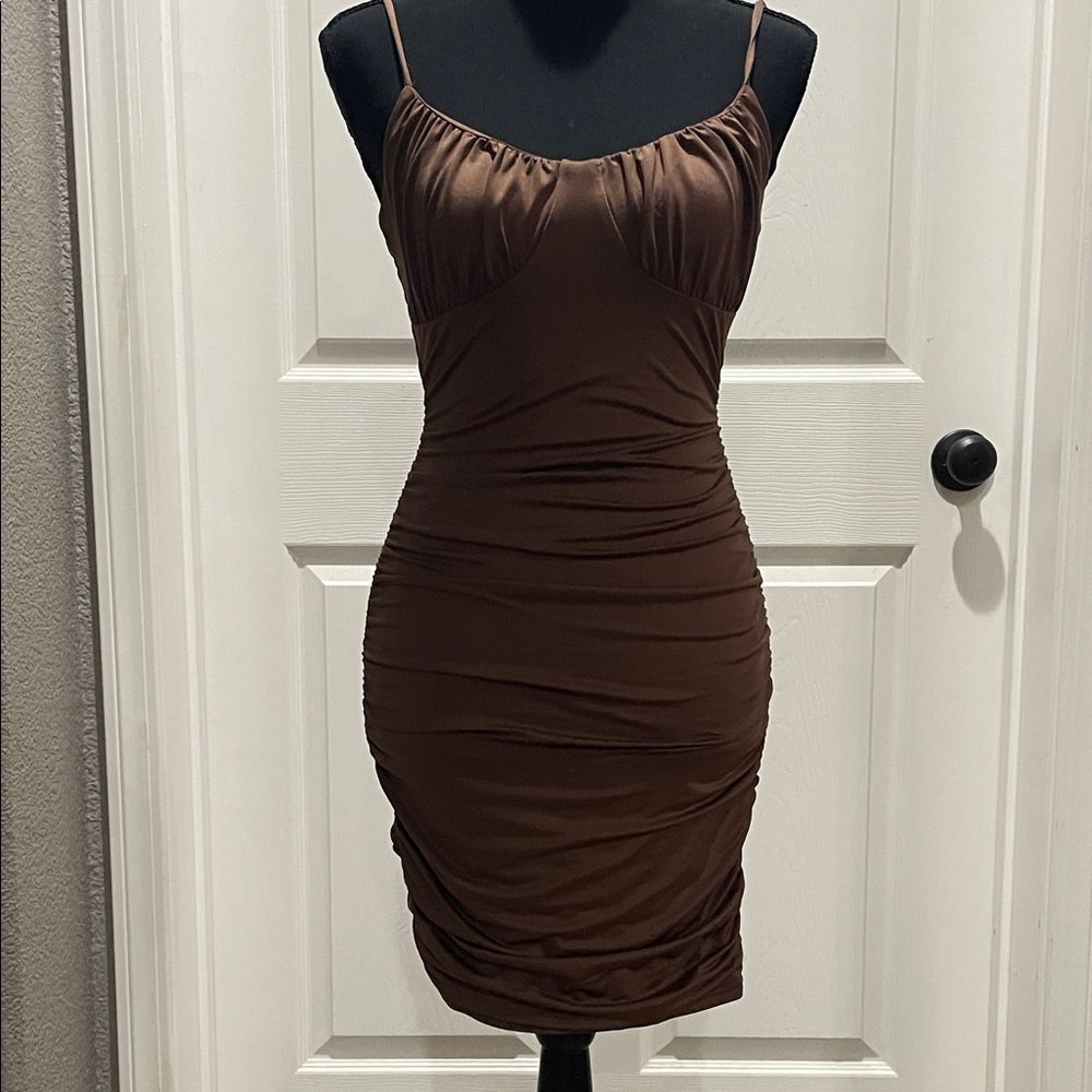 Chic Brown Ruched Mini Dress